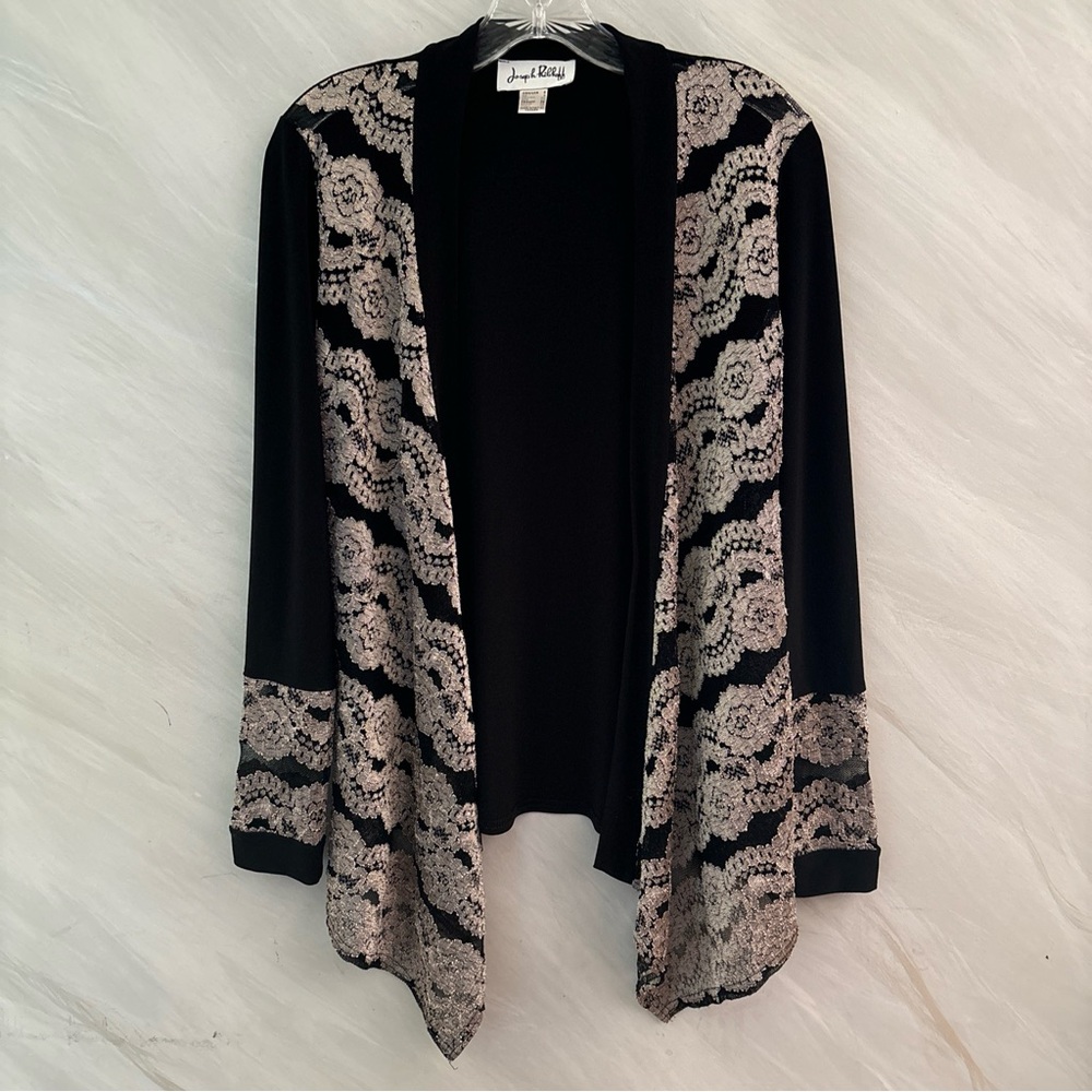 Joseph Ribkoff  6 Black/Beige Lace Front Long Sleeve Open Front Cardigan Sweater